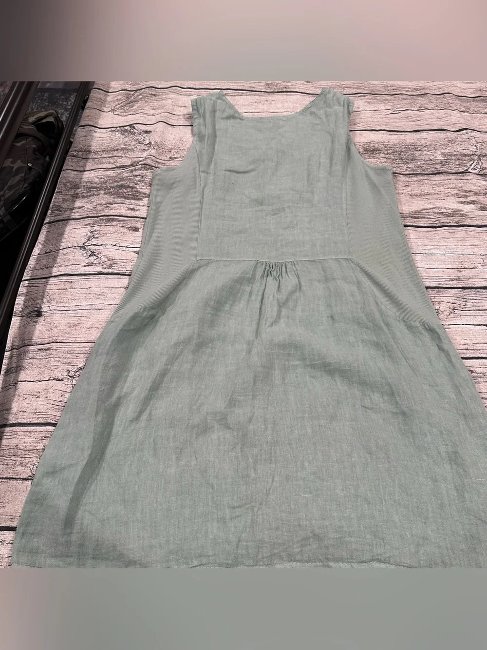 Lungo L’Arno Sleeveless Linen Blend Mini Dress Textured Neckline in Sage Green L - Picture 7 of 9